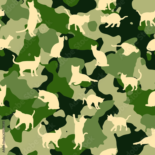 Seamless camouflage vector pattern with silhouettes of cats