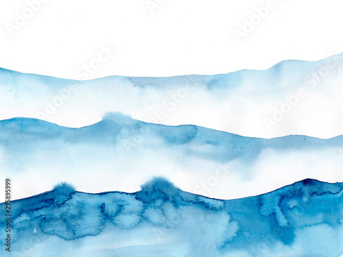 Watercolor blue winter snowing background, Look like wave and sea. Original painting on watercolour paper. Illustration for decoration element. Backdrop with ocean water. Minimalism, monochromatic