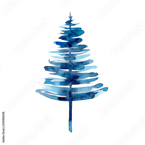 Watercolor winter blue christmas tree isolated on white background. Hand painting Illustration for print, texture, wallpaper or element. Beautiful watercolour art. Minimal style