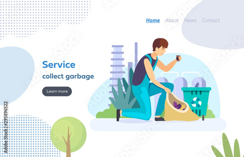 People recycle sort garbage landing page. Employee of service collect garbage, sorts by bags and containers. Household waste, recycling. People for eco city reduce environment pollution vector