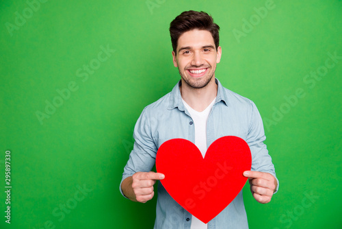 Photo of cheerful positive cute handsome man showing heart shape big red demonstrating his love to you isolated over green vivid color background