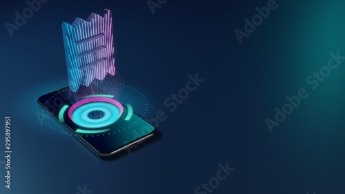 3D rendering neon holographic phone symbol of receipt icon on dark background