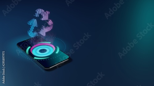 3D rendering neon holographic phone symbol of recycle icon on dark background