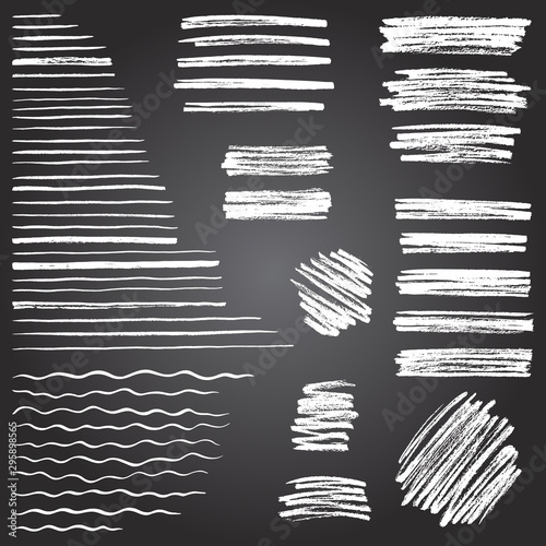 Chalk, charcoal, crayon hand drawn  artistic graphic elements collection, grungy shapes set. Brush rough strokes, scribbles, textured stripes, streaks, various length lines, uneven underlines, waves.