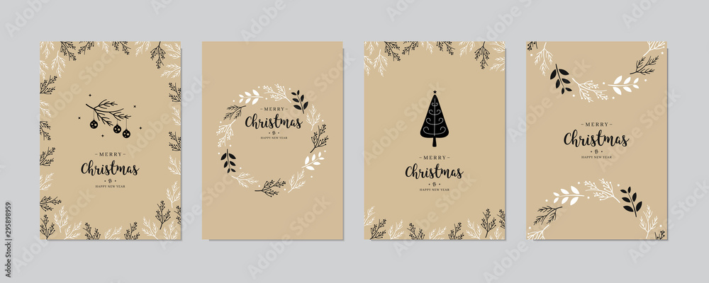 Set of christmas and happy new year greeting cards with lettering calligraphy decorative ornament elements. - obrazy, fototapety, plakaty 
