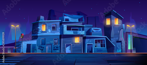 Ghetto street at night, slum ruined abandoned houses, old buildings with glowing windows. Dilapidated dwellings stand on roadside with crosswalk, lamps and traffic lights cartoon vector illustration