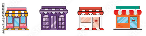 Shops and stores icons set in flat design style. Fast food, shop book, bar and coffe. Vector illustration