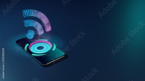 3D rendering neon holographic phone symbol of social rss icon on dark background photo