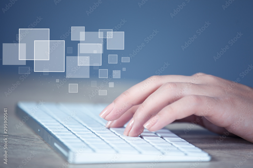 woman hand keyboard with network in screen woman hand keyboard with network in screen