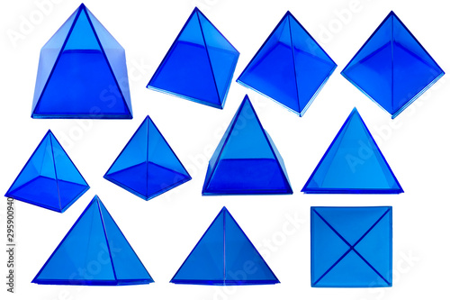 Blue plastic tetrahedral pyramid in different angles.