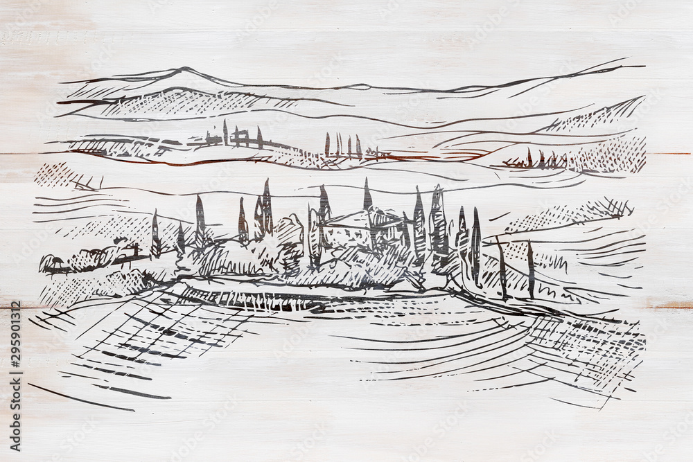 Sketch of rural view of Tuscany in Italy on wooden board