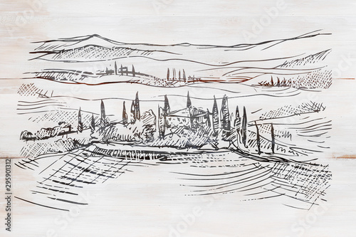 Obraz na płótnie Sketch of rural view of Tuscany in Italy on wooden board w salonie