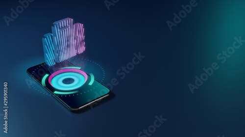 3D rendering neon holographic phone symbol of suitcase icon on dark background