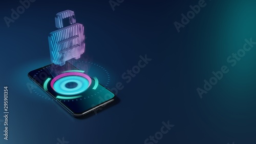 3D rendering neon holographic phone symbol of suitcase rolling icon on dark background