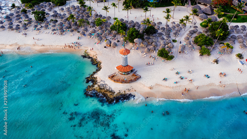 Dominican Republic Bayahibe beach Lighthouse aerial photo by drone. Crystal clear sea with beautiful beach.  - obrazy, fototapety, plakaty 