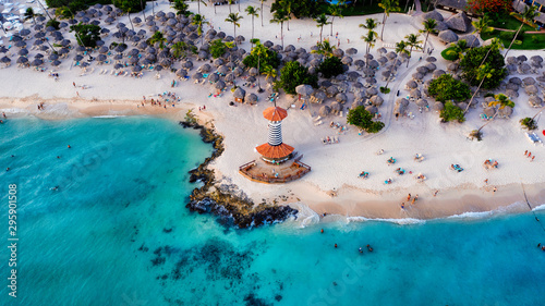 Dominican Republic Bayahibe beach Lighthouse aerial photo by drone. Crystal clear sea with beautiful beach.  photo