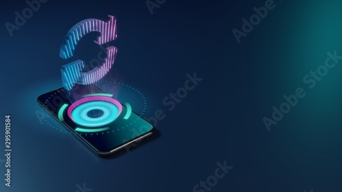 3D rendering neon holographic phone symbol of sync alt icon on dark background