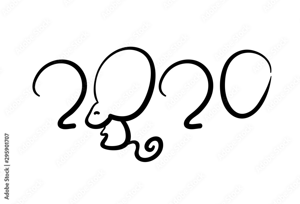 2020 Year inscription with mouse, black vector illustration on white background. 2020 handdrawn lettering for New Year or Christmas postcard 2020 Year inscription with mouse, black vector illustration on white background. 2020 handdrawn lettering for New Year or Christmas postcard