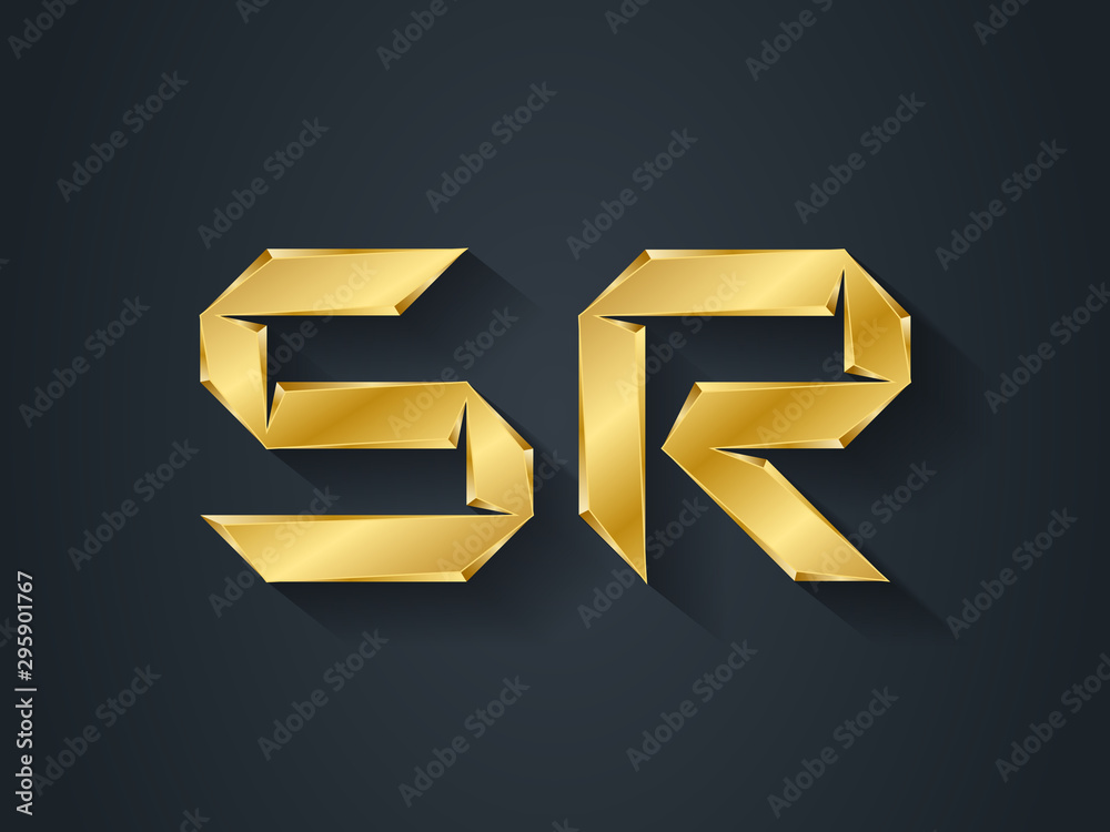 SR - Vector gold logotype. Elegant golden Template for company logo. Pseudo origami style. 3d Metallic Design element or icon.