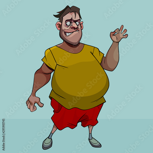 cartoon scary potbellied man shows okay hand gesture