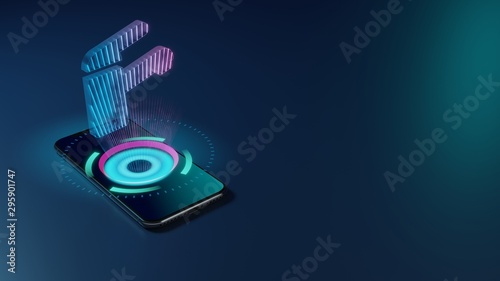 3D rendering neon holographic phone symbol of tap icon on dark background