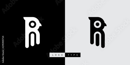 Bird with beak and crest. R and I initial logo with two options. RI initial monogram logotype. IR - design element or icon looks like bird with wings.