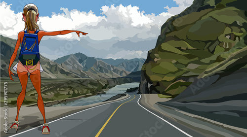 cartoon sexy girl hitchhiking on a highway in a mountainous area