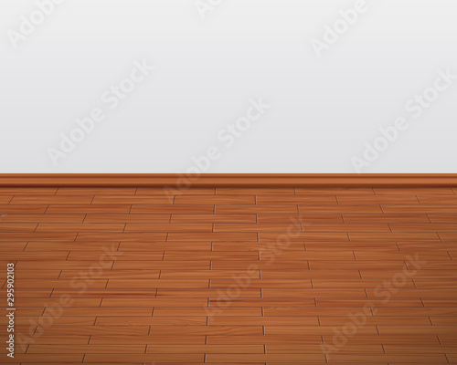 Empty room with white wall and wooden floor interior.laminate flooring, wood texture,wood plank perspective, natural wood, realistic, 3d. Vector