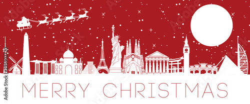 santa claus fly over world famous landmark to send gift to everyone,vector illustration