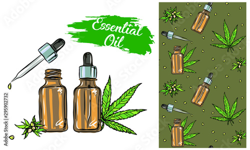 Cannabis sativa or cannabis indica plant. Marijuana leaves and seeds. Medical and cosmetic herbs. Botanical vector illustration.