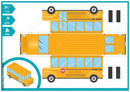 Cut and glue a paper car. Children art game for activity page. Paper 3d model. Vector illustration.