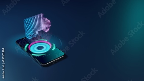 3D rendering neon holographic phone symbol of truck moving icon on dark background