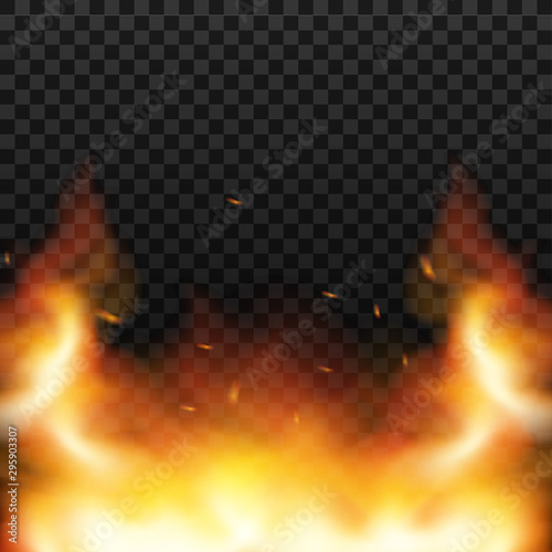 Red Fire sparks vector flying up. Burning glowing particles. Flame of fire with sparks in the air over a dark night. Vector illustration.