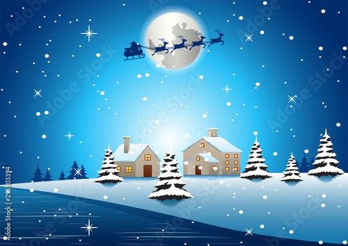 village are on xmas night and santa fly away to send gift to everyone,vector illustration