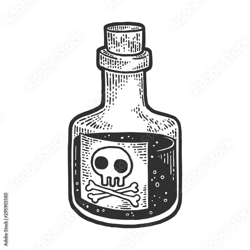 Poison venom bottle with skull and crossbones sketch engraving vector illustration. T-shirt apparel print design. Scratch board style imitation. Black and white hand drawn image.