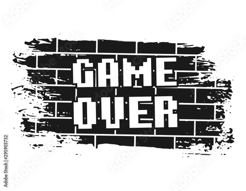 Game over pixel inscription on brick wall vector