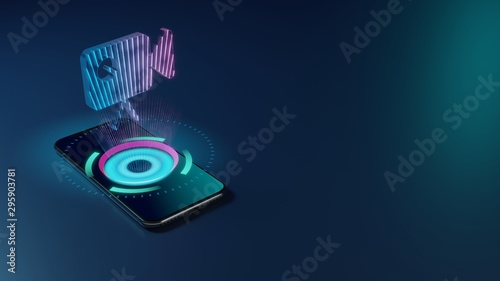 3D rendering neon holographic phone symbol of video camera icon on dark background