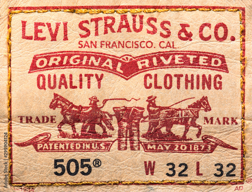 Close up of the LEVI'S leather label. LEVI'S is a brand name of Levi  Strauss and Co, founded in 1853 year Stock Photo | Adobe Stock