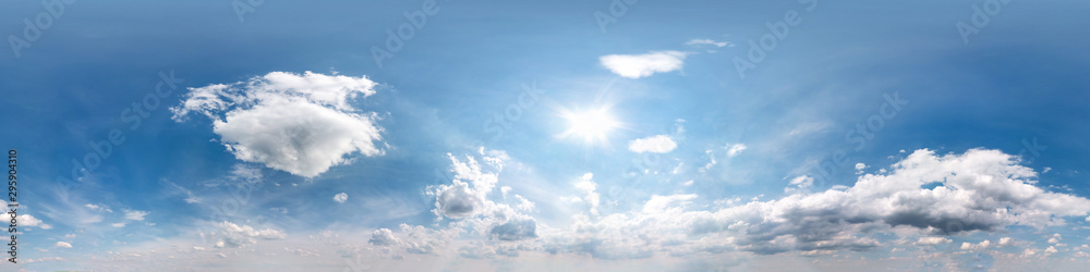 Fototapeta premium Seamless cloudy blue sky hdri panorama 360 degrees angle view with zenith and beautiful clouds for use in 3d graphics as sky dome or edit drone shot