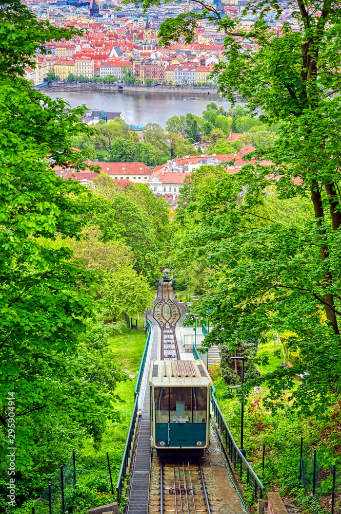 A view of Prague, Czech Republic and the funicular from Petrin Hill on a sunny day.
