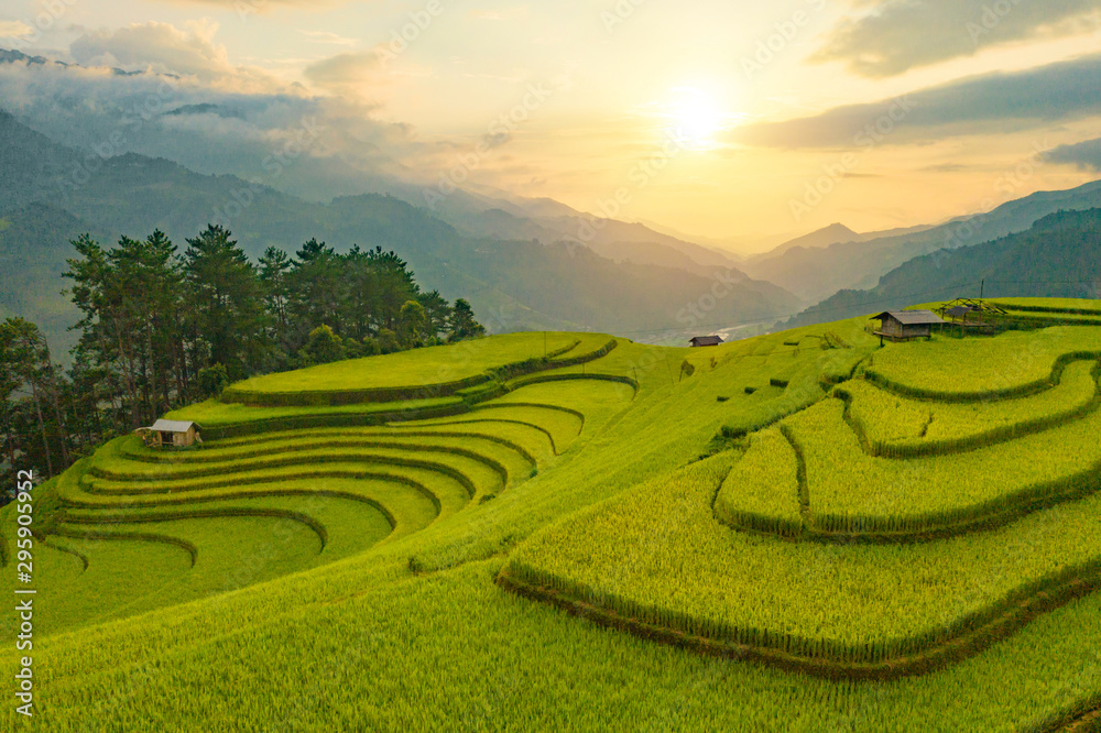 Aerial top view of paddy rice terraces, green agricultural fields in ...
