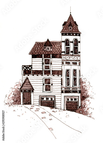 Old victorian house with trees. Hand drawn ink pen illustration. photo