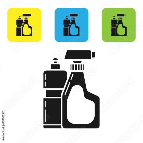 Black Plastic bottles for liquid laundry detergent, bleach, dishwashing liquid or another cleaning agent icon isolated on white background. Set icons colorful square buttons. Vector Illustration