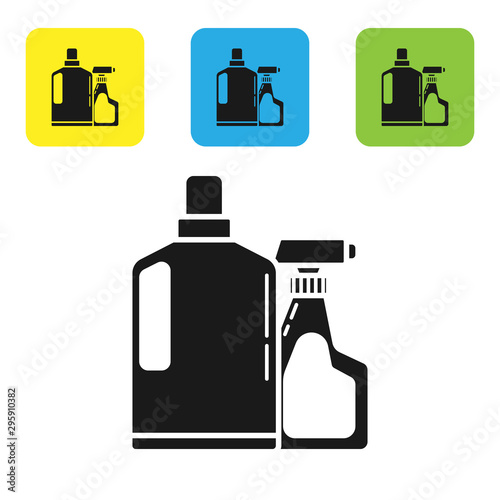 Black Plastic bottles for liquid laundry detergent, bleach, dishwashing liquid or another cleaning agent icon isolated on white background. Set icons colorful square buttons. Vector Illustration