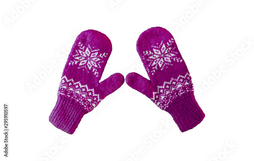 pair of purple knitted mittens with christmas pattern isolated on