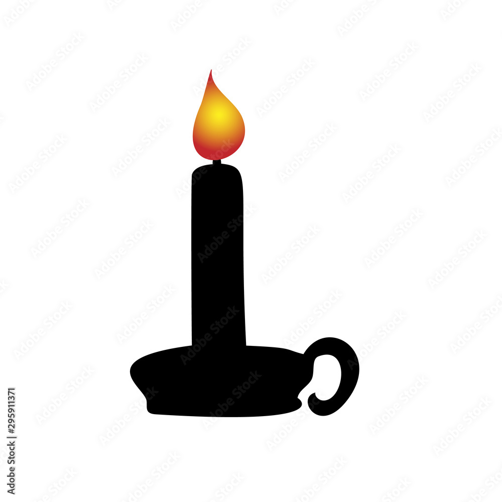 Silhouette Christmas fashioned lit candle candlestick on holder. Happy Merry Christmas. Vector illustration