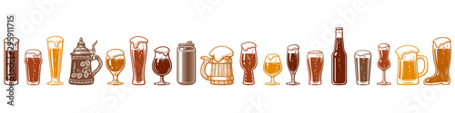 Various types of beer glasses and mugs. Seamless border. Hand drawn engraving style vector illustration isolated on white background.