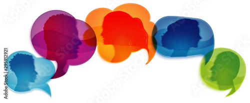 Talk in social networks or community. Speech bubble. Communicate group of diverse people. Network information. Communication silhouette profile. Talking. Speak. Heads of people. Gossip