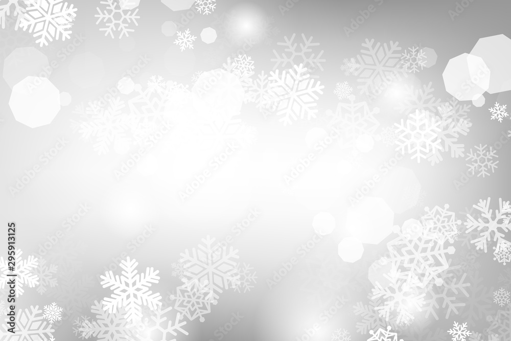 Winter glowing background. Vector holiday banner with lights, bokeh and snowflakes. Seasonal soft backdrop.