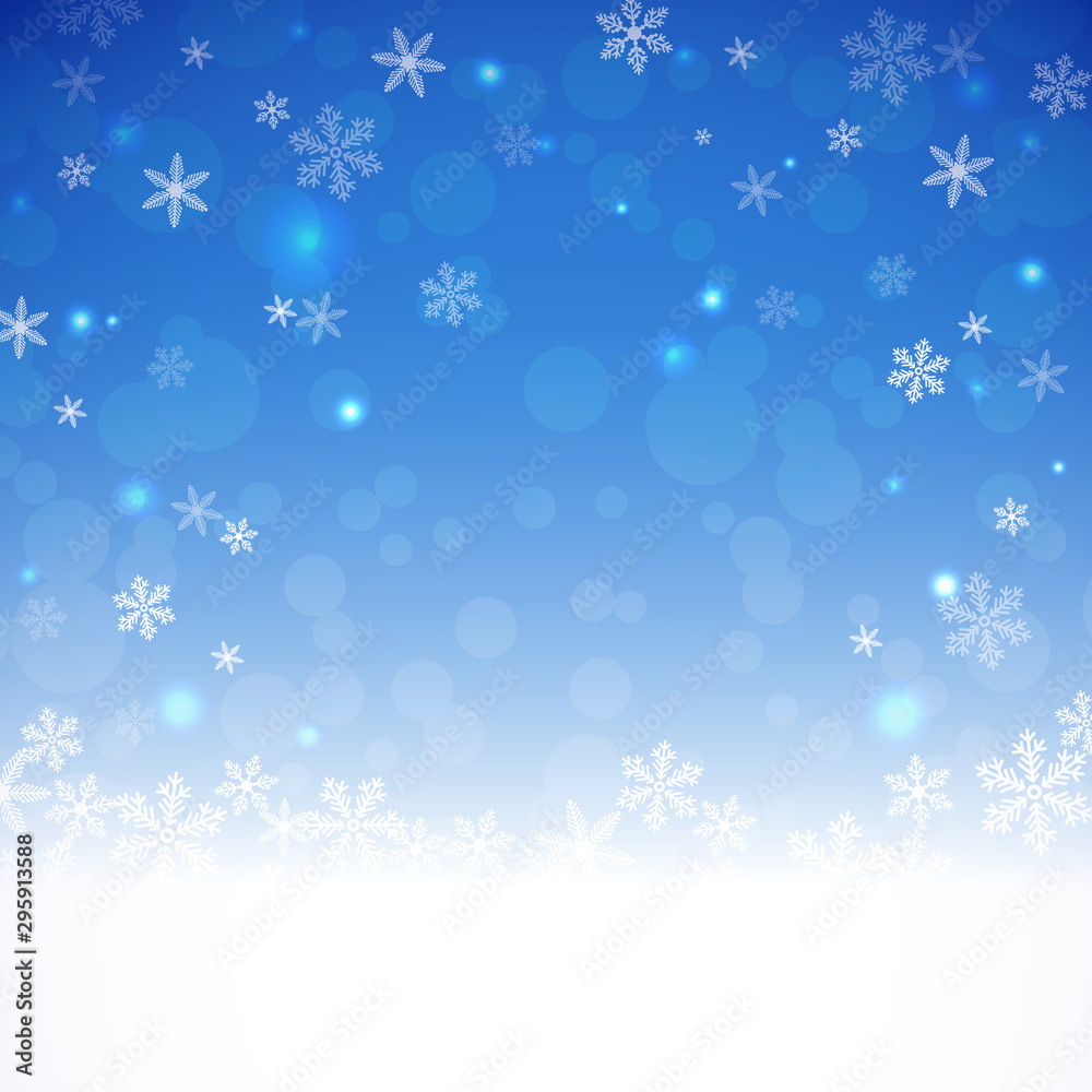 Christmas holiday background. Christmas evening. Snowfall .Bokeh, sparkles and snowflakes.Blue night background. Eps 10